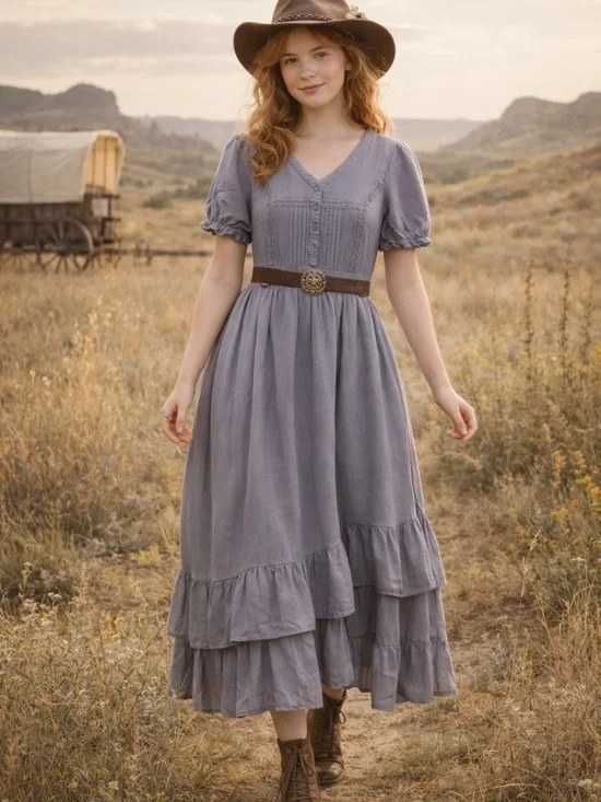 Baltic Born blue midi dress XS puff sleeves tiered pleats cottage core prairie - Picture 2 of 16